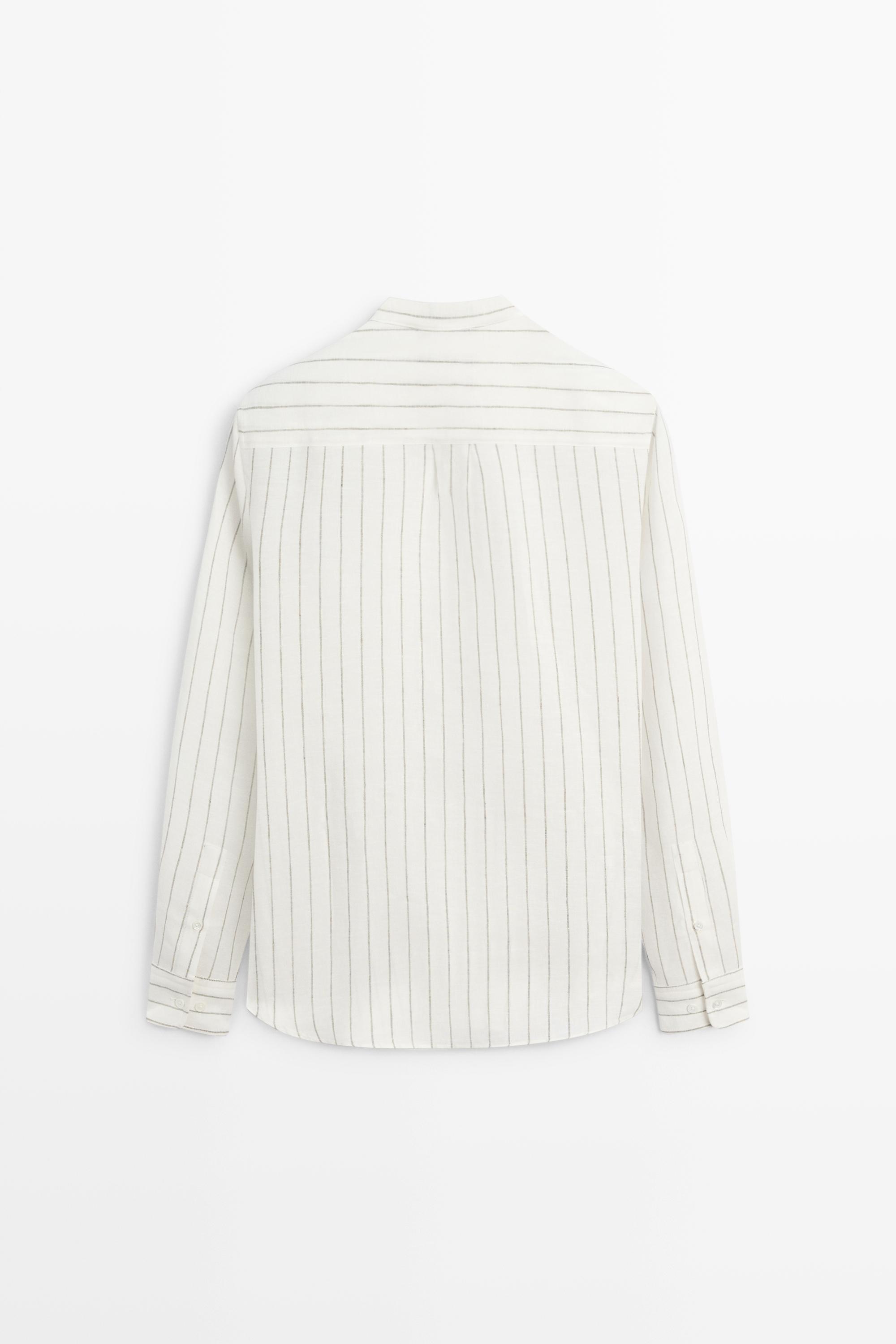 100% linen striped stand collar shirt